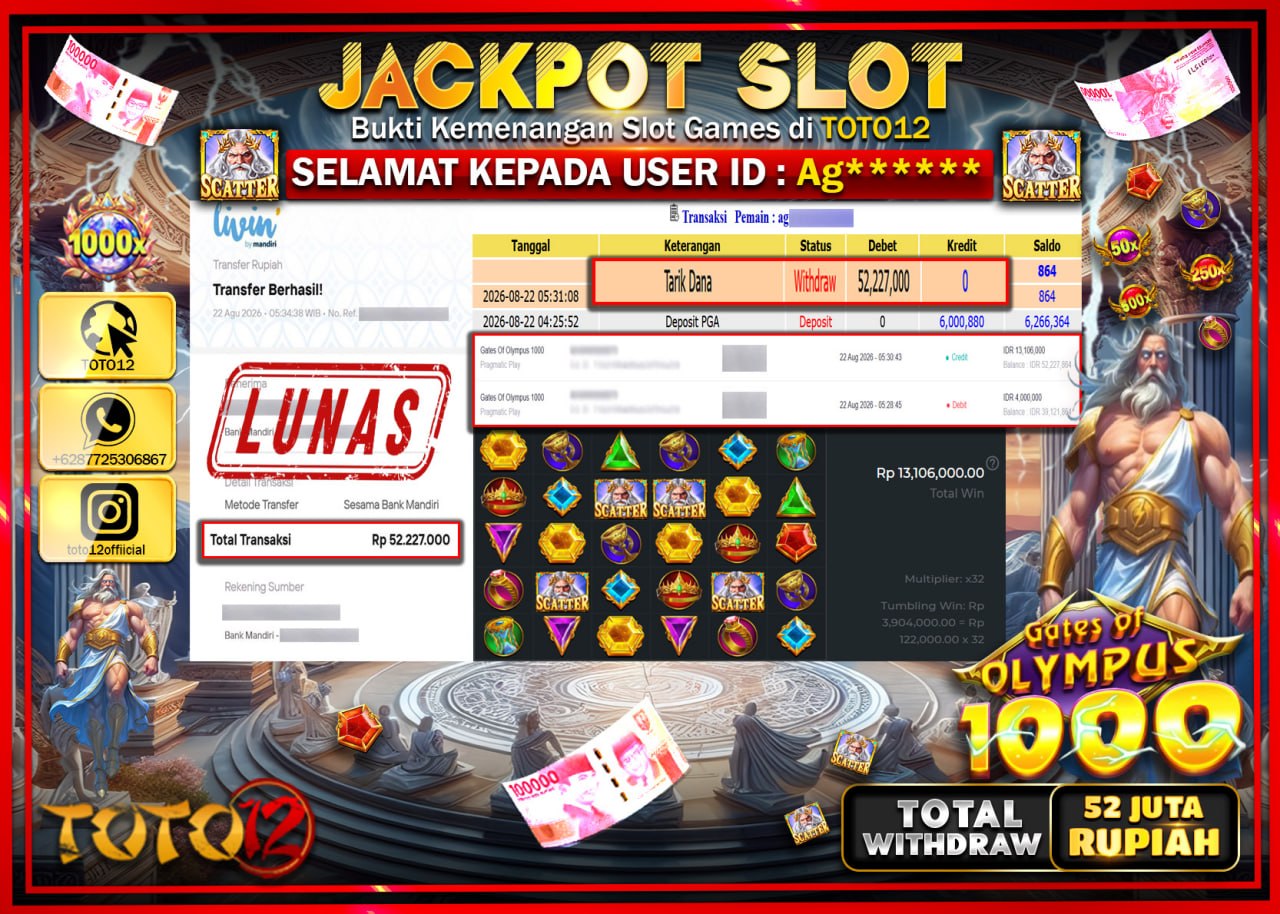 HANYA DI TOTO12 JP PASTI DI BAYAR LUNAS DAN CEPAT!!!!!! JACKPOT SLOT GAME (GATES OF OLYMPUS 1000) Rp52.227.000!!!!