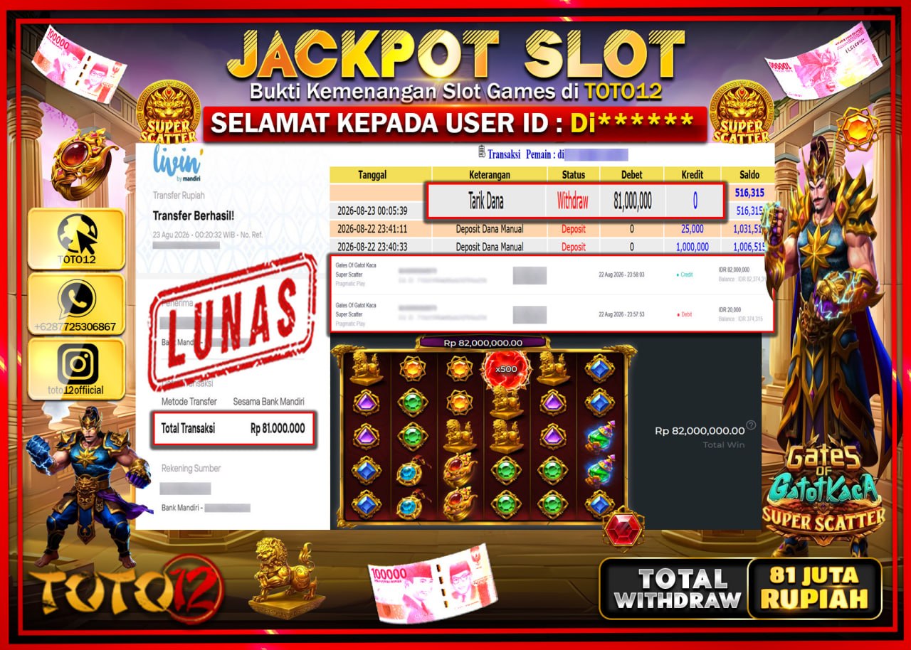 HANYA DI TOTO12 JP PASTI DI BAYAR LUNAS DAN CEPAT!!!!!! JACKPOT SLOT GAME (GATES OF GATOT KACA SUPER SCATTER) Rp81.000.000!!!!
