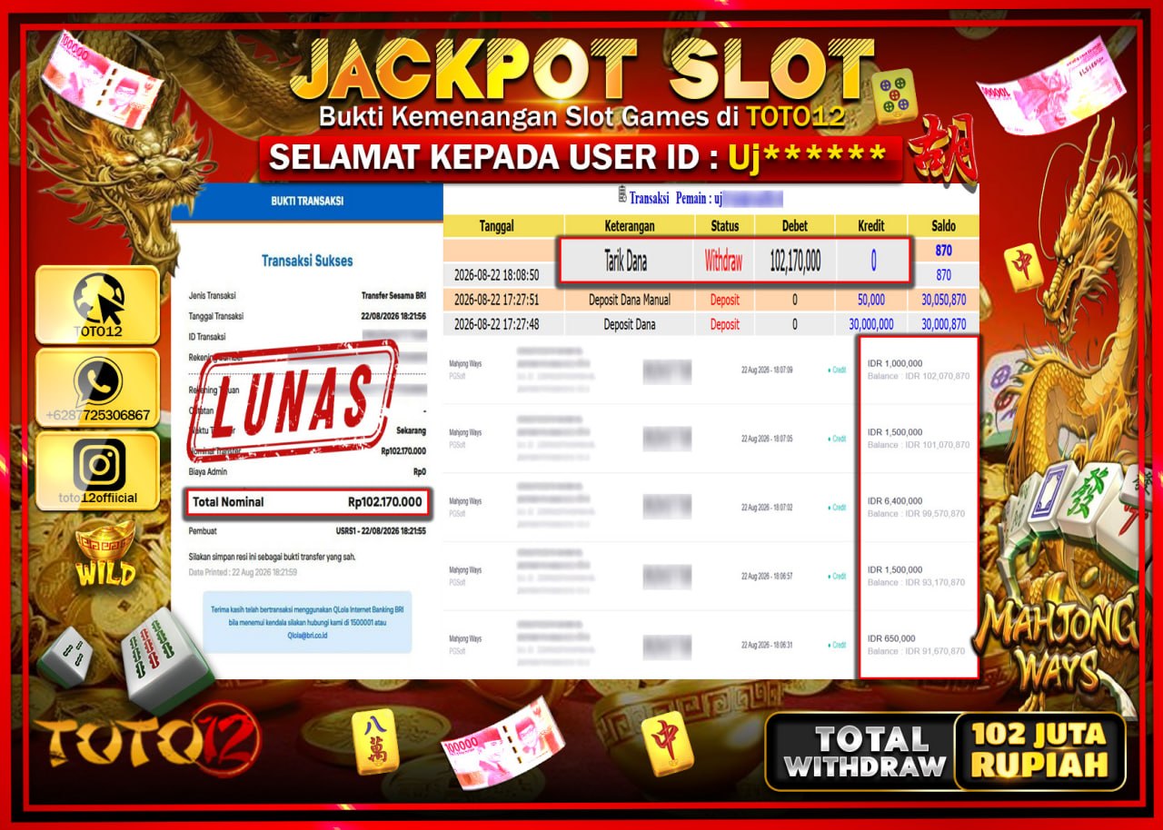 HANYA DI TOTO12 JP PASTI DI BAYAR LUNAS DAN CEPAT!!!!!! JACKPOT SLOT GAME (MAHJONG WAYS) Rp102.170.000!!!!