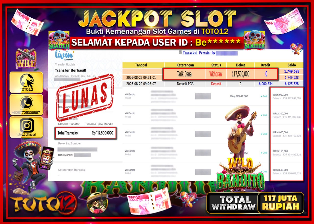 HANYA DI TOTO12 JP PASTI DI BAYAR LUNAS DAN CEPAT!!!!!! JACKPOT SLOT GAME (WILD BANDITO) Rp117.400.000!!!!