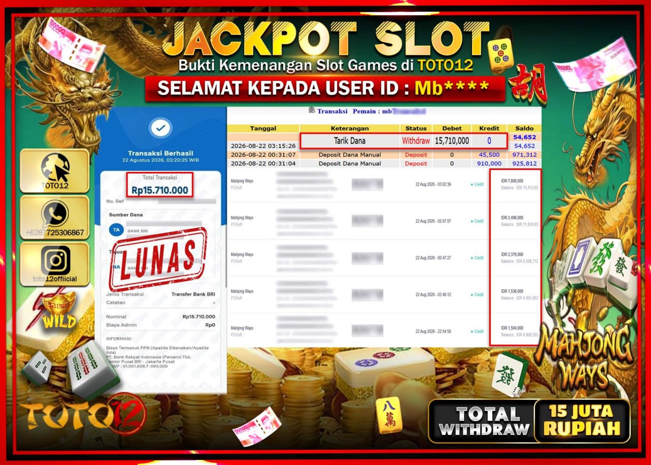 HANYA DI TOTO12 JP PASTI DI BAYAR LUNAS DAN CEPAT!!!!!! JACKPOT SLOT GAME (MAHJONG WAYS) Rp15.710.000!!!!