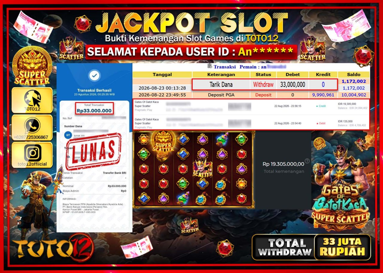 HANYA DI TOTO12 JP PASTI DI BAYAR LUNAS DAN CEPAT!!!!!! JACKPOT SLOT GAME (GATES OF GATOT KACA SUPER SCATTER) Rp33.000.000!!!!
