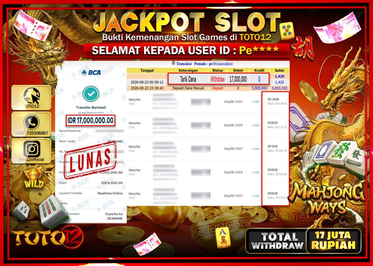 HANYA DI TOTO12 JP PASTI DI BAYAR LUNAS DAN CEPAT!!!!!! JACKPOT SLOT GAME (MAHJONG WAYS) Rp17.000.000!!!!