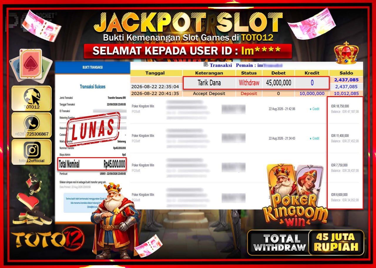 HANYA DI TOTO12 JP PASTI DI BAYAR LUNAS DAN CEPAT!!!!!! JACKPOT SLOT GAME (POKER KINGDOM WIN) Rp45.000.000!!!!