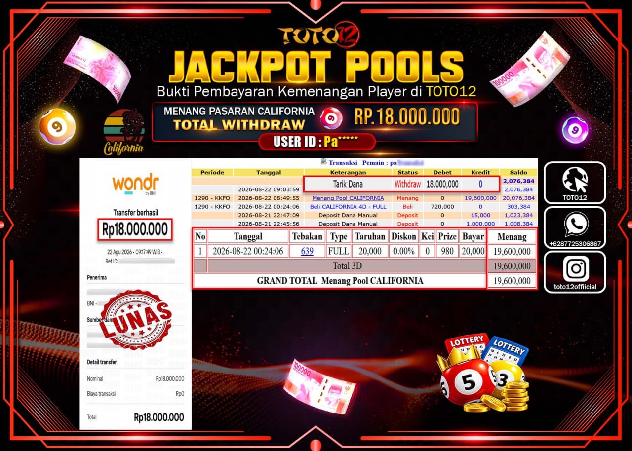 HANYA DI TOTO12 JP PASTI DI BAYAR LUNAS DAN CEPAT!!!!!! JACKPOT POOLS PASARAN (CALIFORNIA) Rp18.000.000!!!!