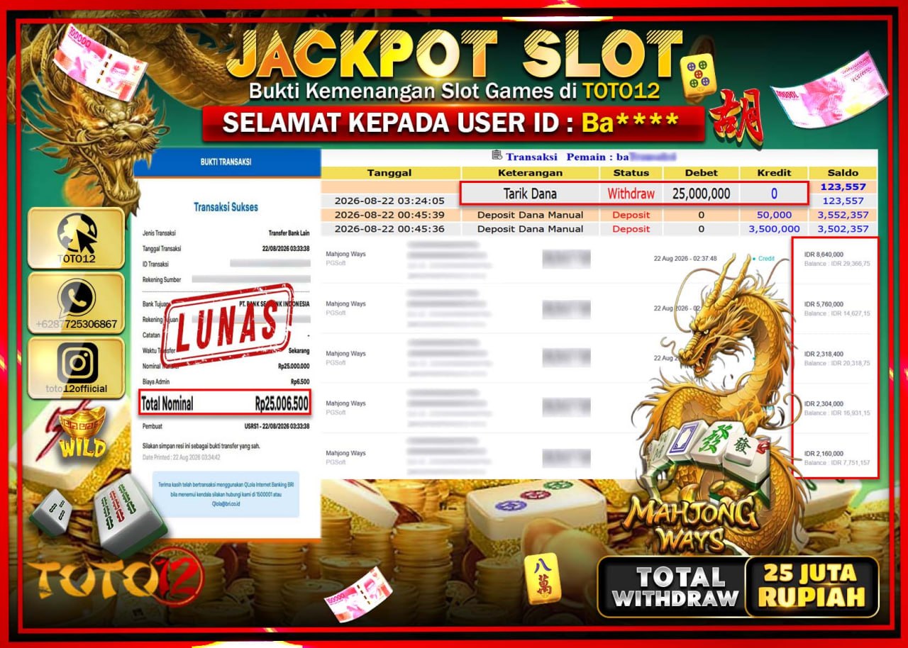 HANYA DI TOTO12 JP PASTI DI BAYAR LUNAS DAN CEPAT!!!!!! JACKPOT SLOT GAME (MAHJONG WAYS) Rp25.000.000!!!!