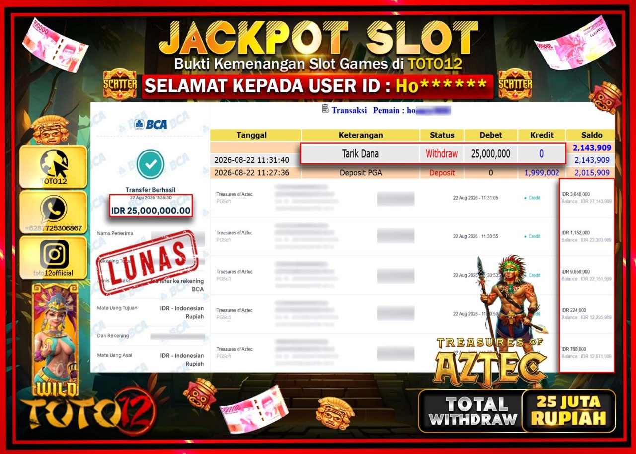 HANYA DI TOTO12 JP PASTI DI BAYAR LUNAS DAN CEPAT!!!!!! JACKPOT SLOT GAME (TREASURES OF AZTEC) Rp25.000.000!!!!