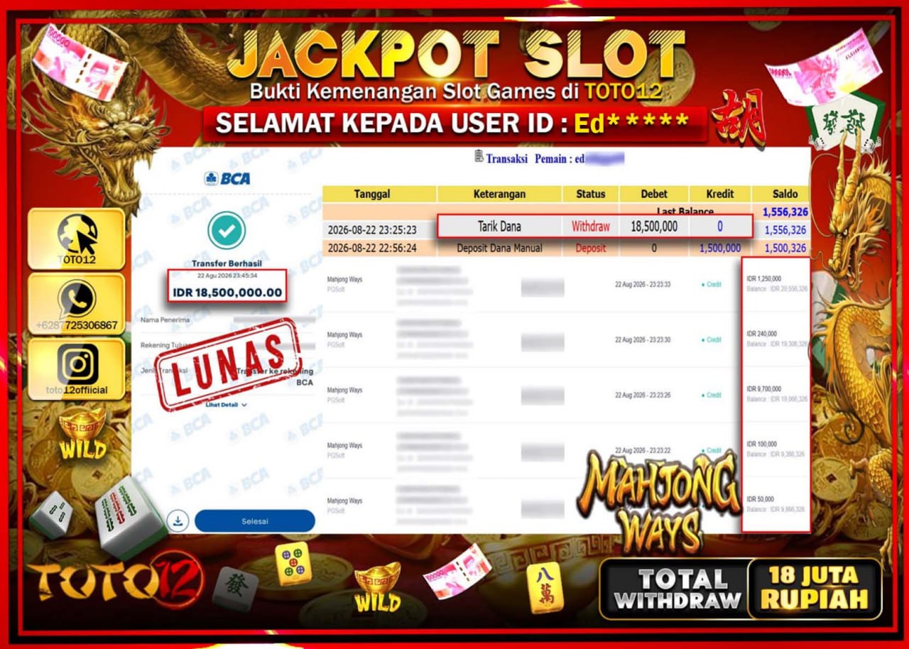 HANYA DI TOTO12 JP PASTI DI BAYAR LUNAS DAN CEPAT!!!!!! JACKPOT SLOT GAME (MAHJONG WAYS) Rp18.500.000!!!!