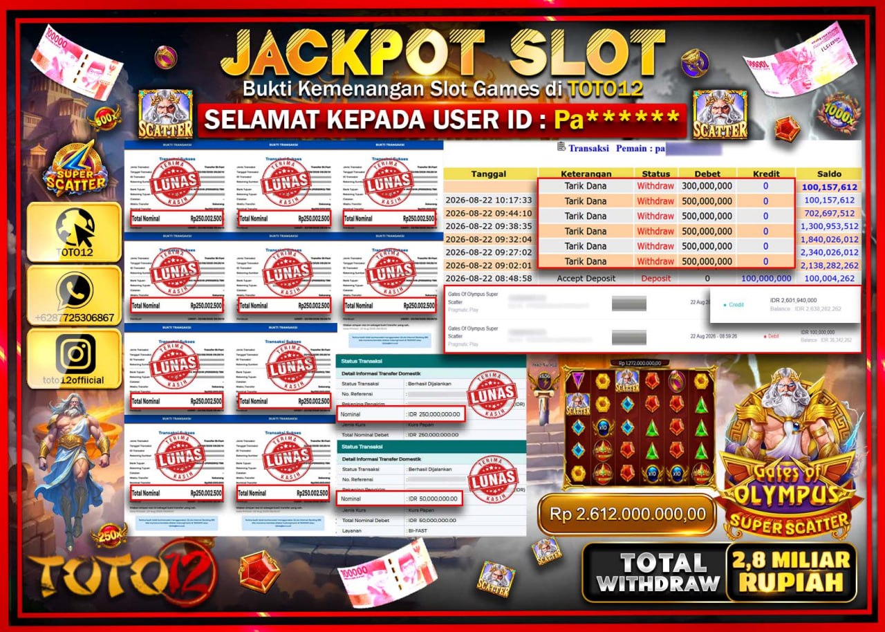 HANYA DI TOTO12 JP PASTI DI BAYAR LUNAS DAN CEPAT!!!!!! JACKPOT SLOT GAME (GATES OF OLYMPUS SUPER SCATTER)Rp2.800.000.000!!!!