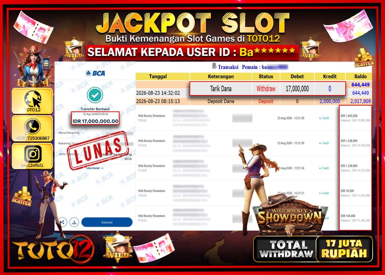 HANYA DI TOTO12 JP PASTI DI BAYAR LUNAS DAN CEPAT!!!!!! JACKPOT SLOT GAME (WILD BOUNTY SHOWDOWN) Rp17.000.000!!!!