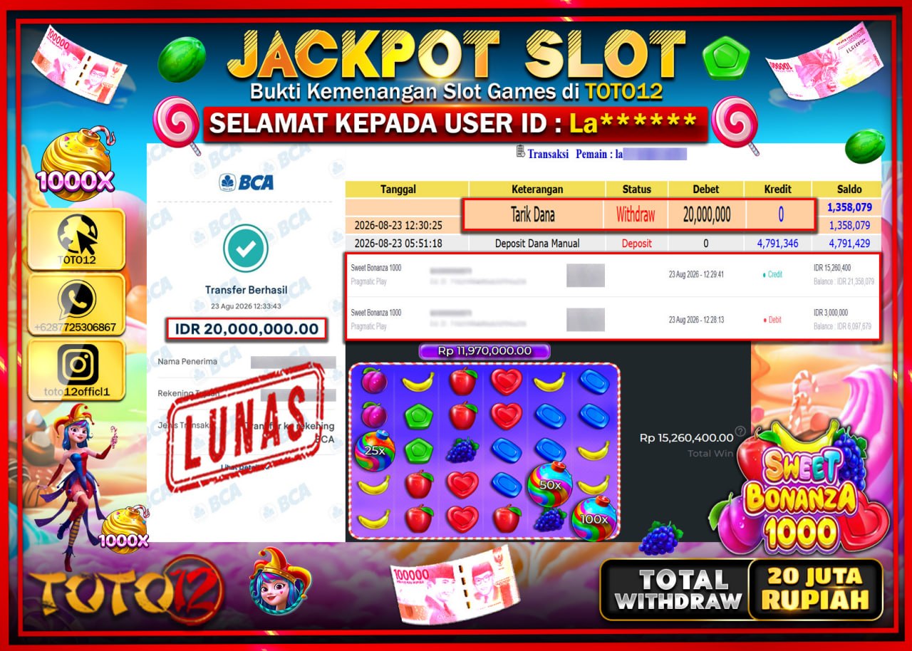 HANYA DI TOTO12 JP PASTI DI BAYAR LUNAS DAN CEPAT!!!!!! JACKPOT SLOT GAME (SWEET BONANZA 1000) Rp20.000.000!!!!