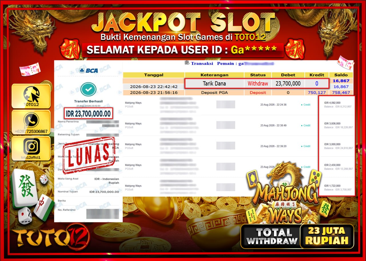 HANYA DI TOTO12 JP PASTI DI BAYAR LUNAS DAN CEPAT!!!!!! JACKPOT SLOT GAME (MAHJONG WAYS) Rp23.700.000!!!!