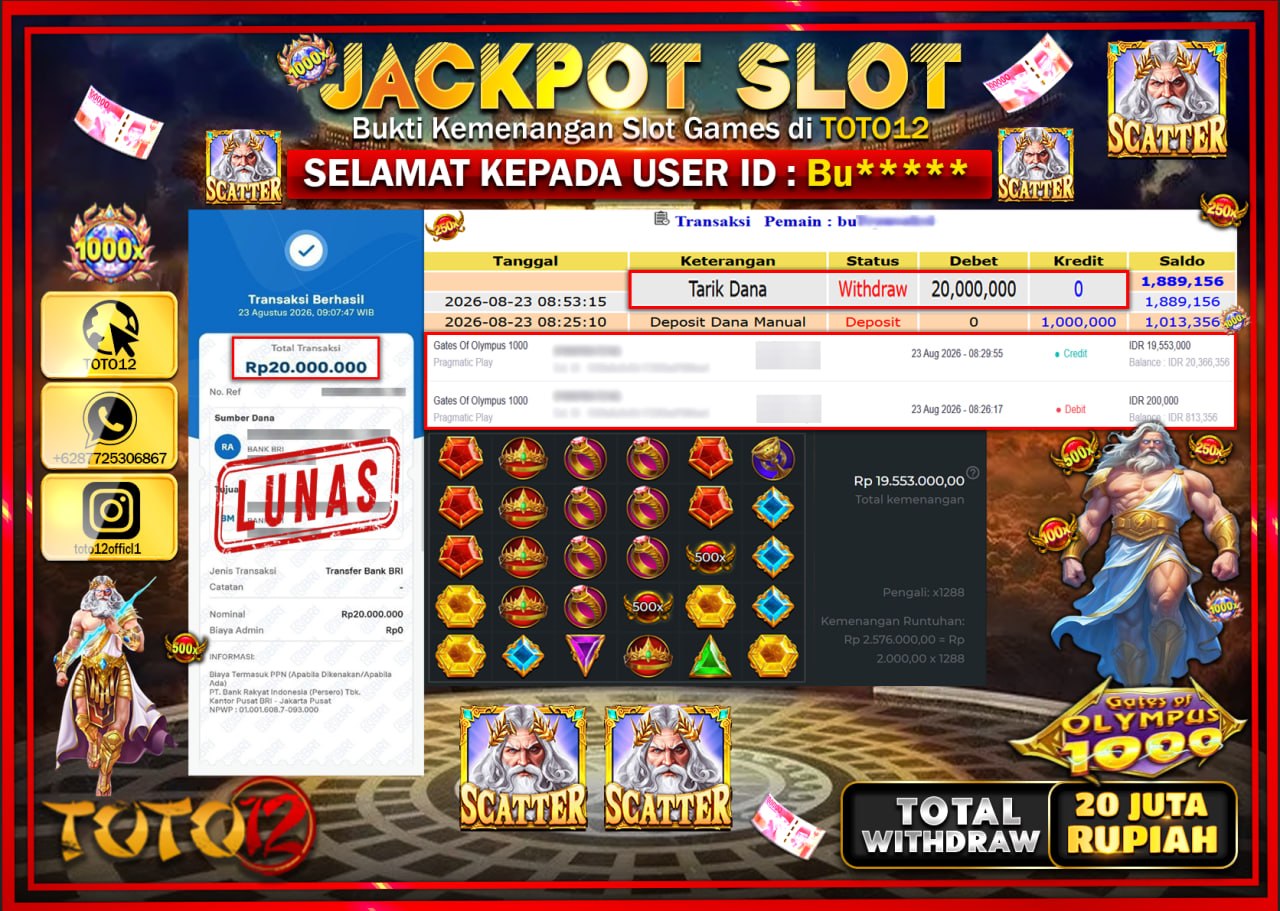 HANYA DI TOTO12 JP PASTI DI BAYAR LUNAS DAN CEPAT!!!!!! JACKPOT SLOT GAME (GATES OF OLYMPUS 1000) Rp20.000.000!!!!