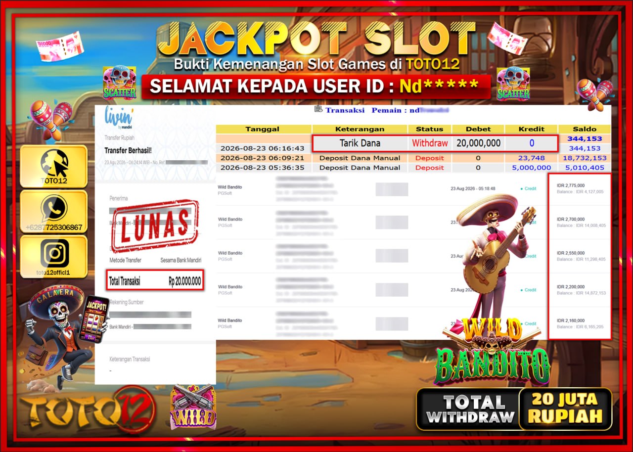 HANYA DI TOTO12 JP PASTI DI BAYAR LUNAS DAN CEPAT!!!!!! JACKPOT SLOT GAME (WILD BANDITO) Rp20.000.000!!!!