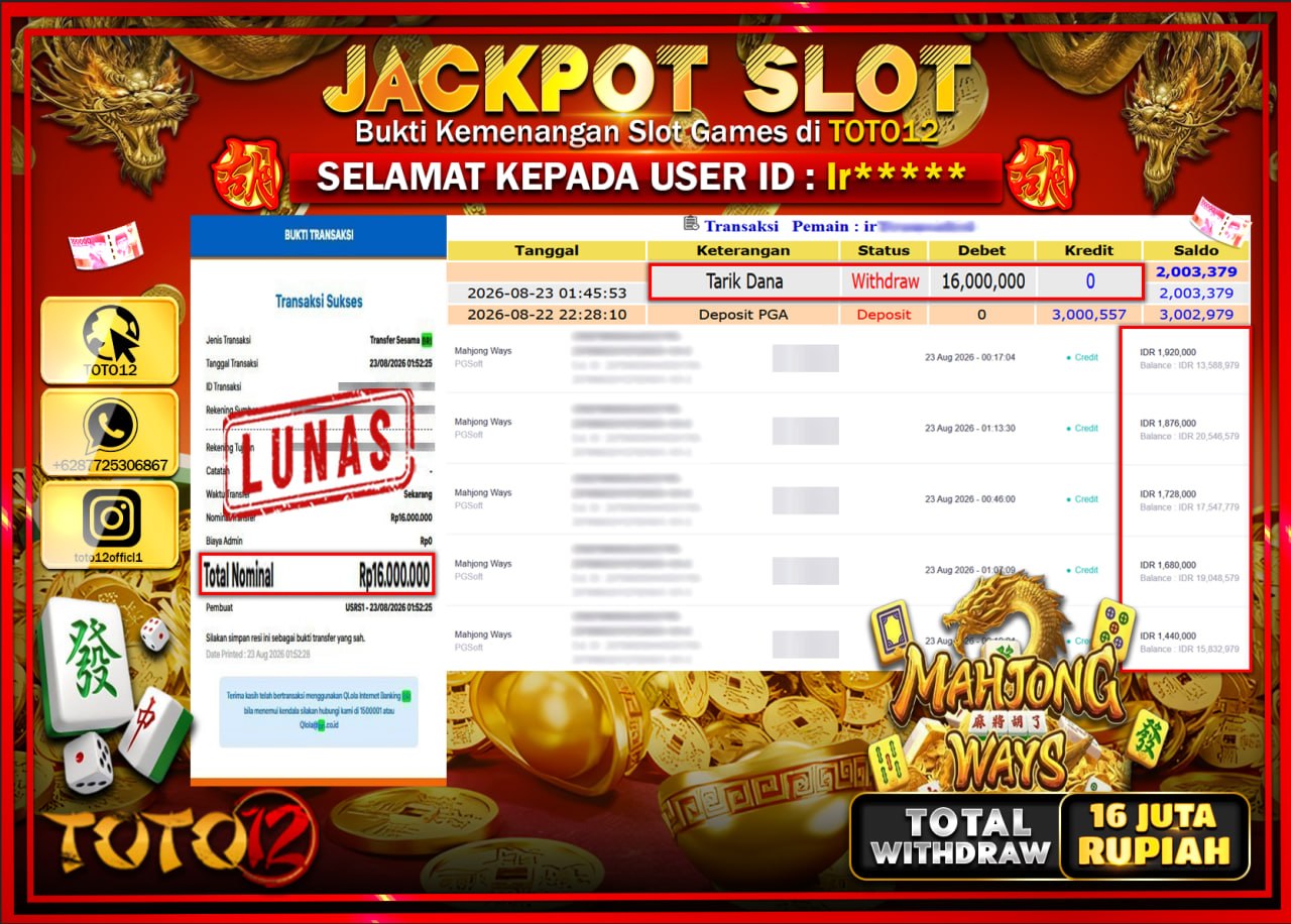 HANYA DI TOTO12 JP PASTI DI BAYAR LUNAS DAN CEPAT!!!!!! JACKPOT SLOT GAME (MAHJONG WAYS) Rp16.000.000!!!!