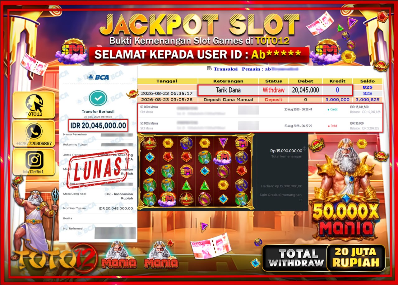 HANYA DI TOTO12 JP PASTI DI BAYAR LUNAS DAN CEPAT!!!!!! JACKPOT SLOT GAME (50.000 X MANIA) Rp20.045.000!!!!
