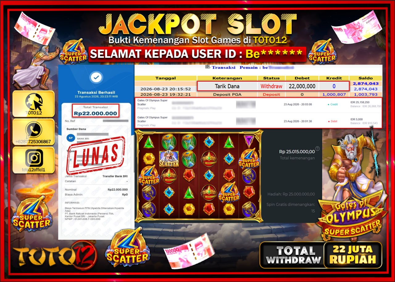 HANYA DI TOTO12 JP PASTI DI BAYAR LUNAS DAN CEPAT!!!!!! JACKPOT SLOT GAME (GATES OF OLYMPUS SUPER SCATTER) Rp22.000.000!!!!