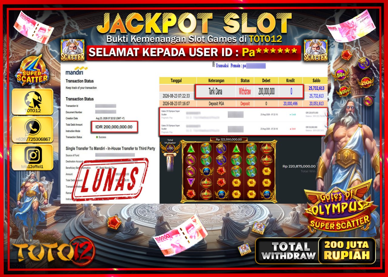 HANYA DI TOTO12 JP PASTI DI BAYAR LUNAS DAN CEPAT!!!!!! JACKPOT SLOT GAME (GATES OF OLYMPUS SUPER SCATTER) Rp200.000.000!!!!