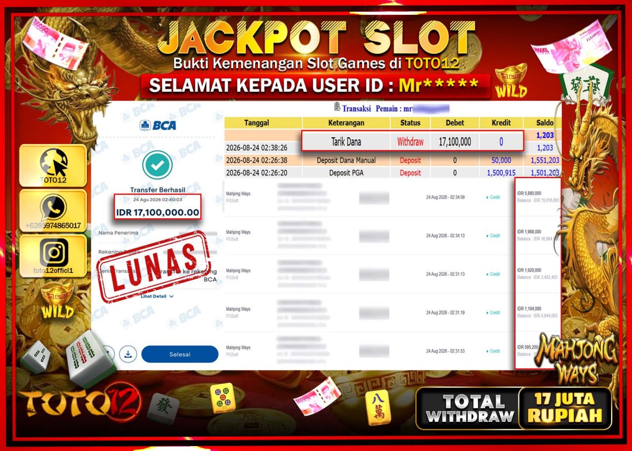 HANYA DI TOTO12 JP PASTI DI BAYAR LUNAS DAN CEPAT!!!!!! JACKPOT SLOT GAME (MAHJONG WAYS) Rp17.100.000!!!!