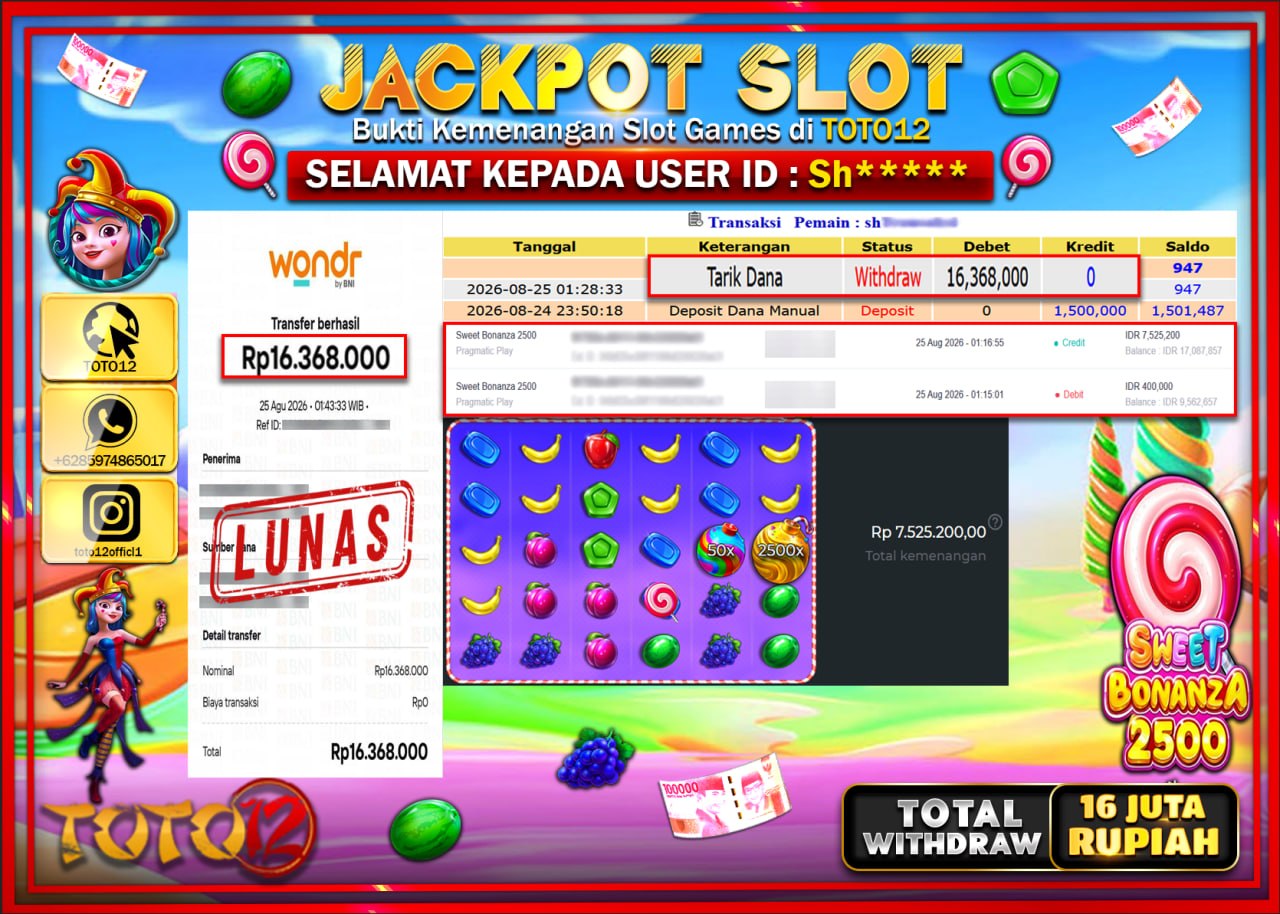 HANYA DI TOTO12 JP PASTI DI BAYAR LUNAS DAN CEPAT!!!!!! JACKPOT SLOT GAME (SWEET BONANZA 2500) Rp16.368.000!!!!