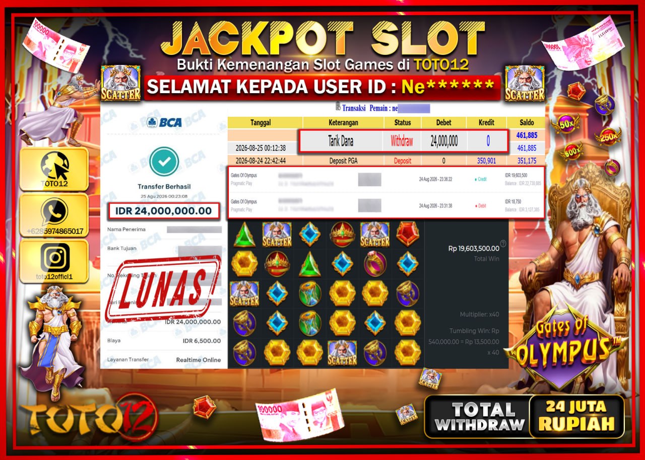 HANYA DI TOTO12 JP PASTI DI BAYAR LUNAS DAN CEPAT!!!!!! JACKPOT SLOT GAME (GATES OF OLYMPUS) Rp24.000.000!!!!