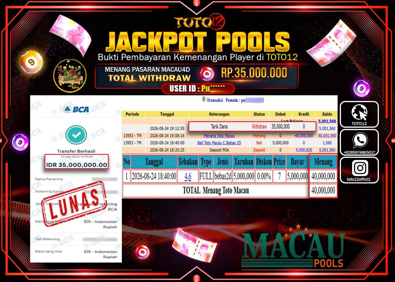 HANYA DI TOTO12 JP PASTI DI BAYAR LUNAS DAN CEPAT!!!!!! JACKPOT POOLS PASARAN (MACAU 4D) Rp35.000.000!!!!