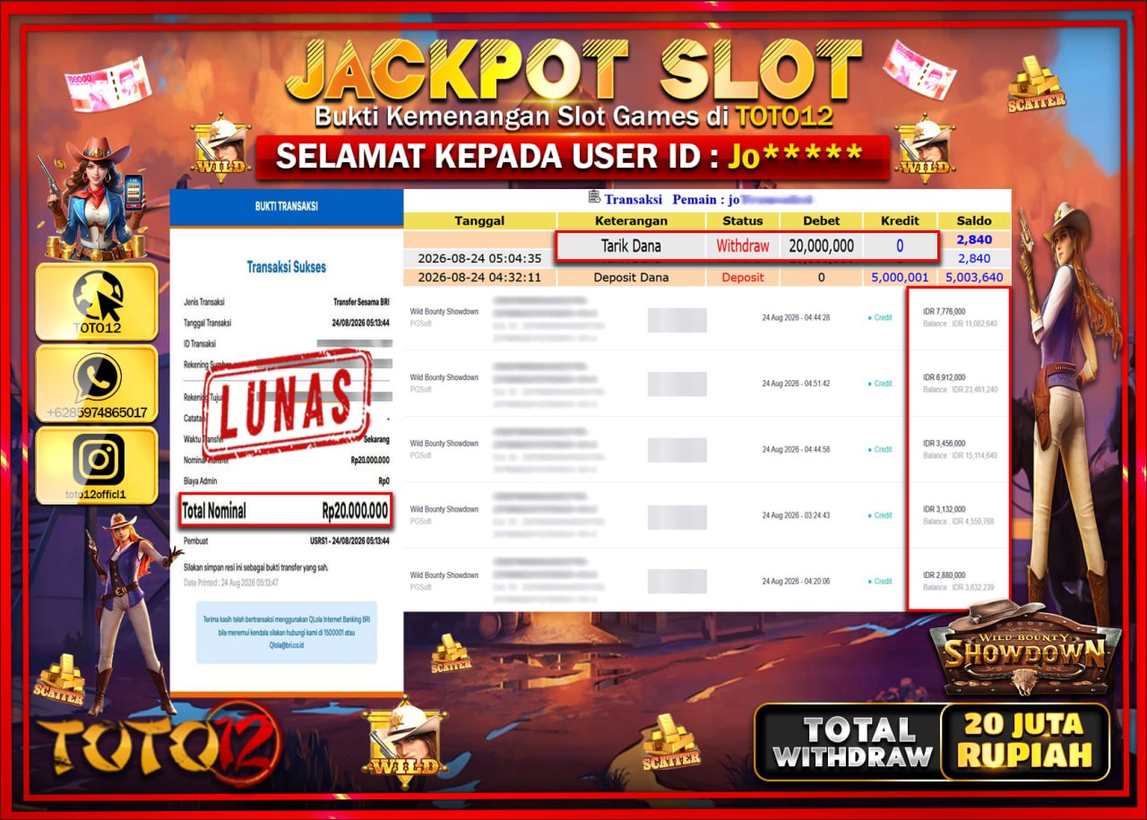 HANYA DI TOTO12 JP PASTI DI BAYAR LUNAS DAN CEPAT!!!!!! JACKPOT SLOT GAME (WILD BOUNTY SHOWDOWN) Rp20.000.000!!!!