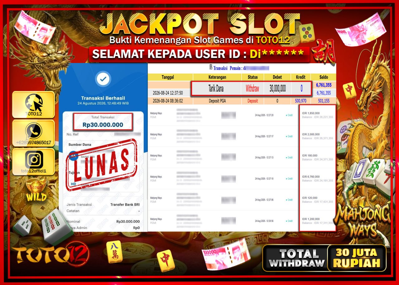 HANYA DI TOTO12 JP PASTI DI BAYAR LUNAS DAN CEPAT!!!!!! JACKPOT SLOT GAME (MAHJONG WAYS) Rp30.000.000!!!!