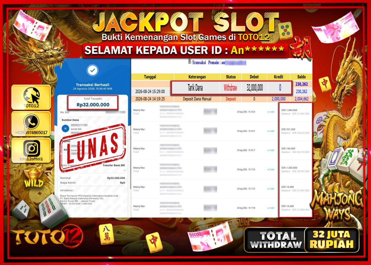 HANYA DI TOTO12 JP PASTI DI BAYAR LUNAS DAN CEPAT!!!!!! JACKPOT SLOT GAME (MAHJONG WAYS) Rp32.000.000!!!!