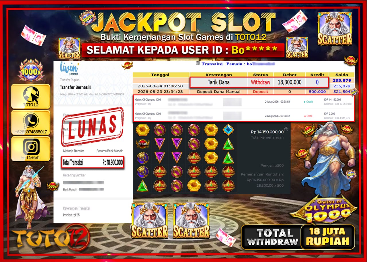 HANYA DI TOTO12 JP PASTI DI BAYAR LUNAS DAN CEPAT!!!!!! JACKPOT SLOT GAME (GATES OF OLYMPUS 1000) Rp18.300.000!!!!