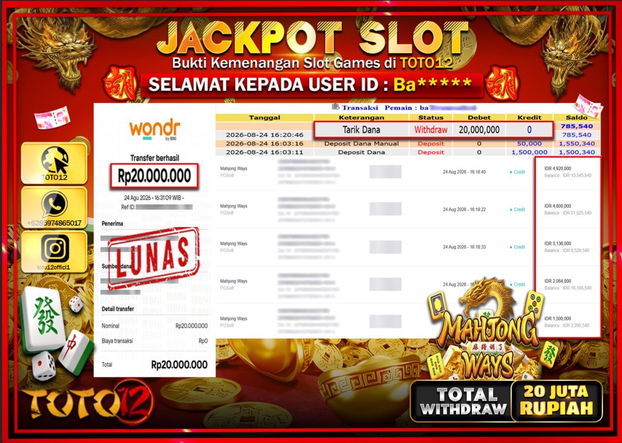 HANYA DI TOTO12 JP PASTI DI BAYAR LUNAS DAN CEPAT!!!!!! JACKPOT SLOT GAME (MAHJONG WAYS) Rp20.000.000!!!!