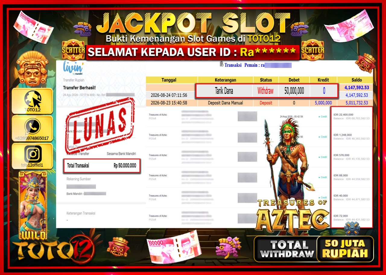 HANYA DI TOTO12 JP PASTI DI BAYAR LUNAS DAN CEPAT!!!!!! JACKPOT SLOT GAME (TREASURES OF AZTEC) Rp50.000.000!!!!
