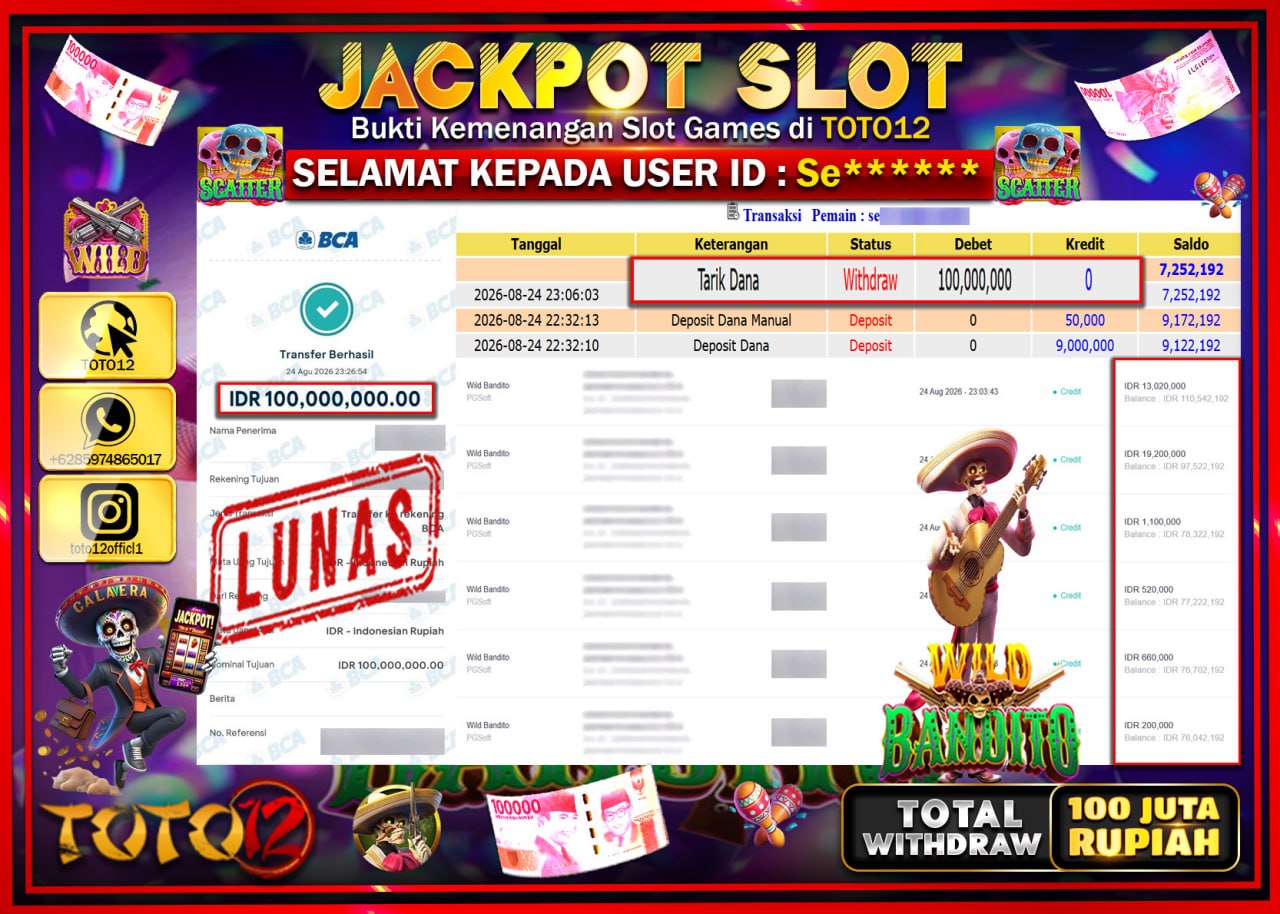 HANYA DI TOTO12 JP PASTI DI BAYAR LUNAS DAN CEPAT!!!!!! JACKPOT SLOT GAME (WILD BANDITO) Rp100.000.000!!!!