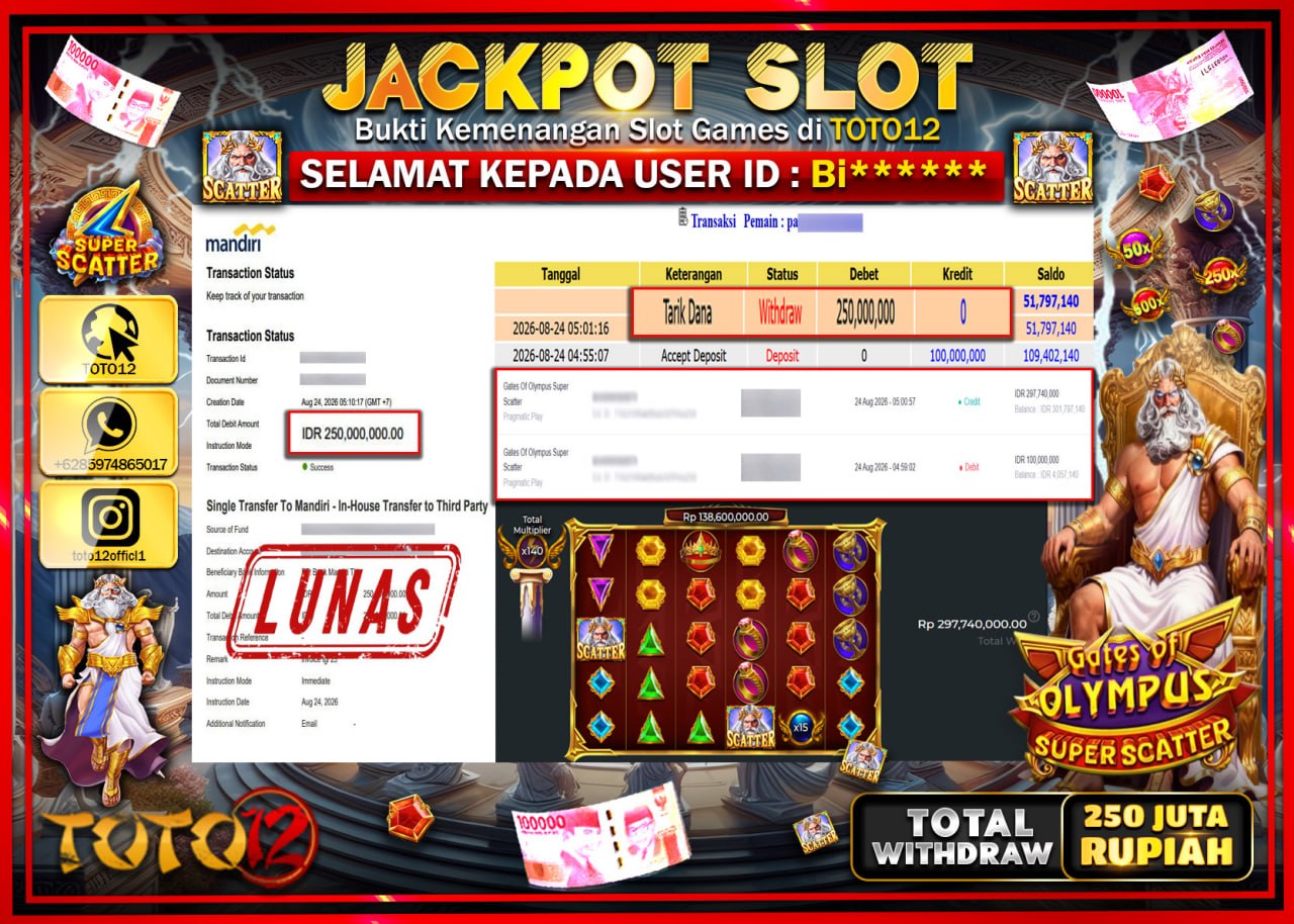 HANYA DI TOTO12 JP PASTI DI BAYAR LUNAS DAN CEPAT!!!!!! JACKPOT SLOT GAME (GATES OF OLYMPUS SUPER SCATTER) Rp250.000.000!!!!