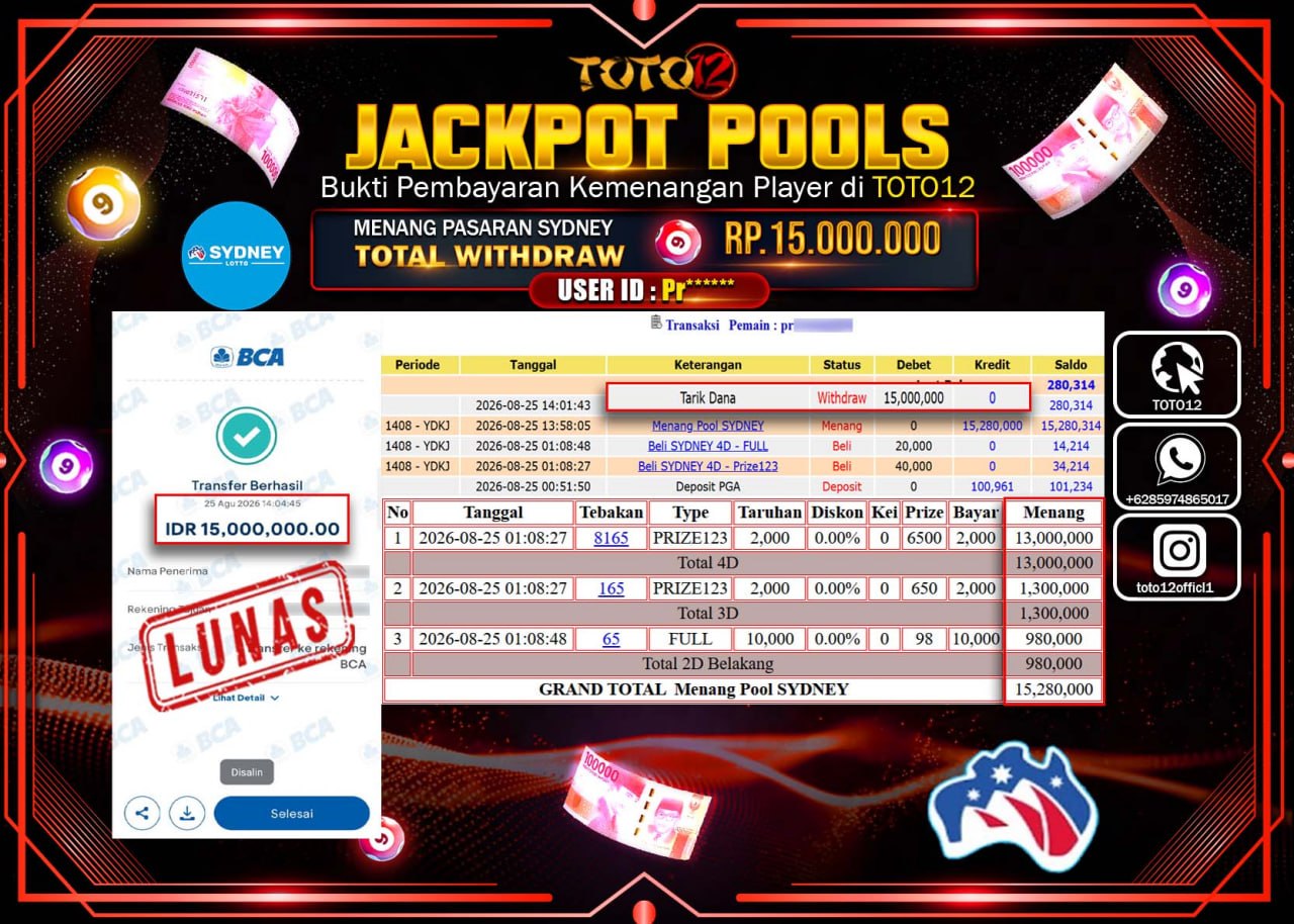 HANYA DI TOTO12 JP PASTI DI BAYAR LUNAS DAN CEPAT!!!!!! JACKPOT POOLS PASARAN (SYDNEY) Rp15.000.000!!!!