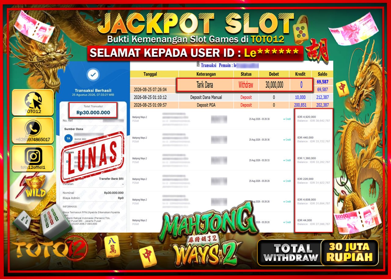 HANYA DI TOTO12 JP PASTI DI BAYAR LUNAS DAN CEPAT!!!!!! JACKPOT SLOT GAME (MAHJONG WAYS 2) Rp30.000.000!!!!
