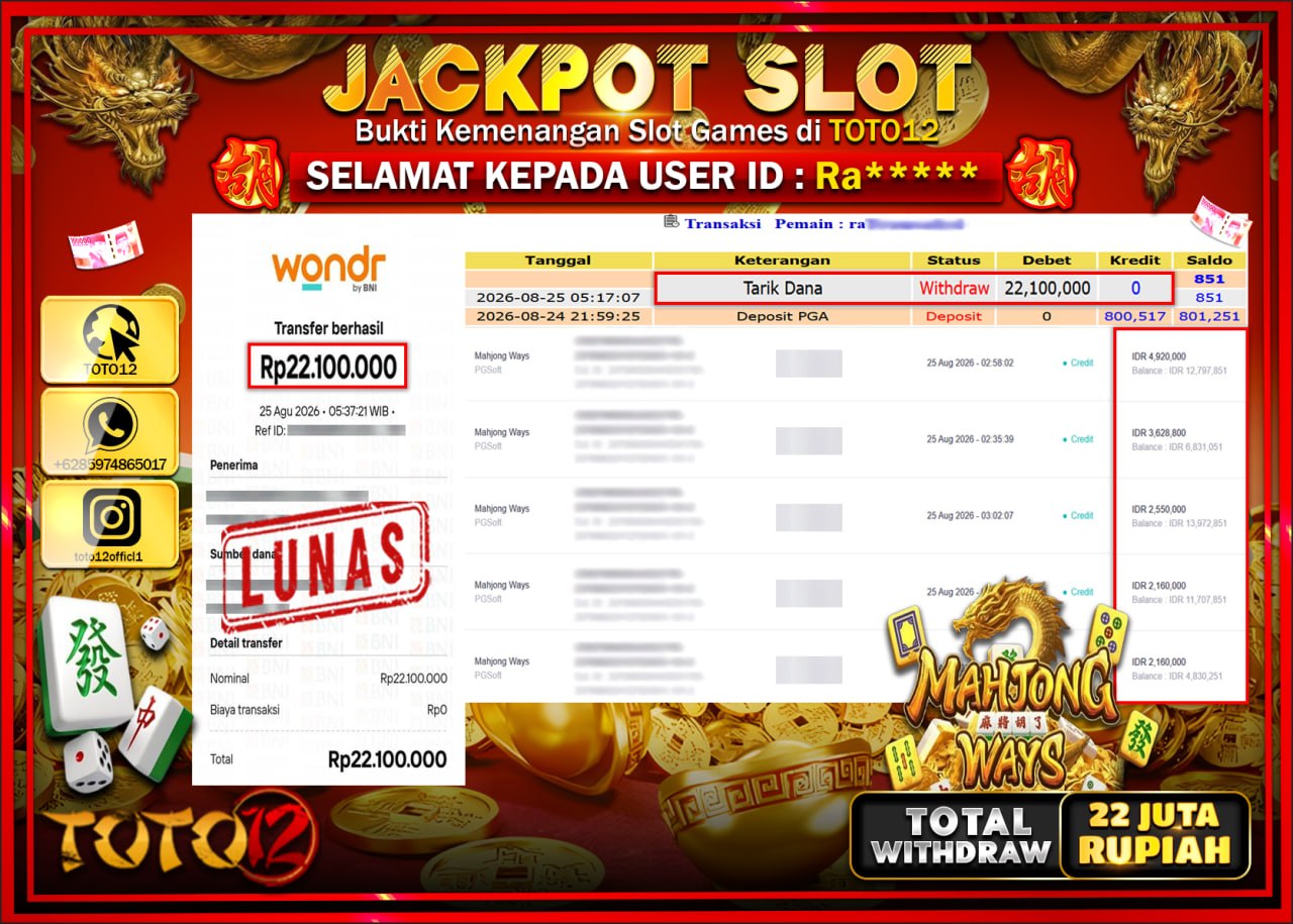 HANYA DI TOTO12 JP PASTI DI BAYAR LUNAS DAN CEPAT!!!!!! JACKPOT SLOT GAME (MAHJONG WAYS) Rp22.100.000!!!!