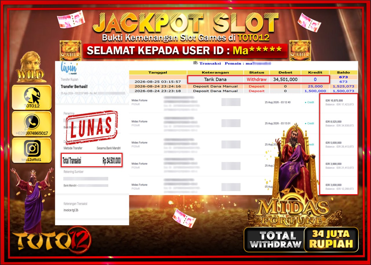 HANYA DI TOTO12 JP PASTI DI BAYAR LUNAS DAN CEPAT!!!!!! JACKPOT SLOT GAME (MIDAS FORTUNE) Rp34.000.000!!!!
