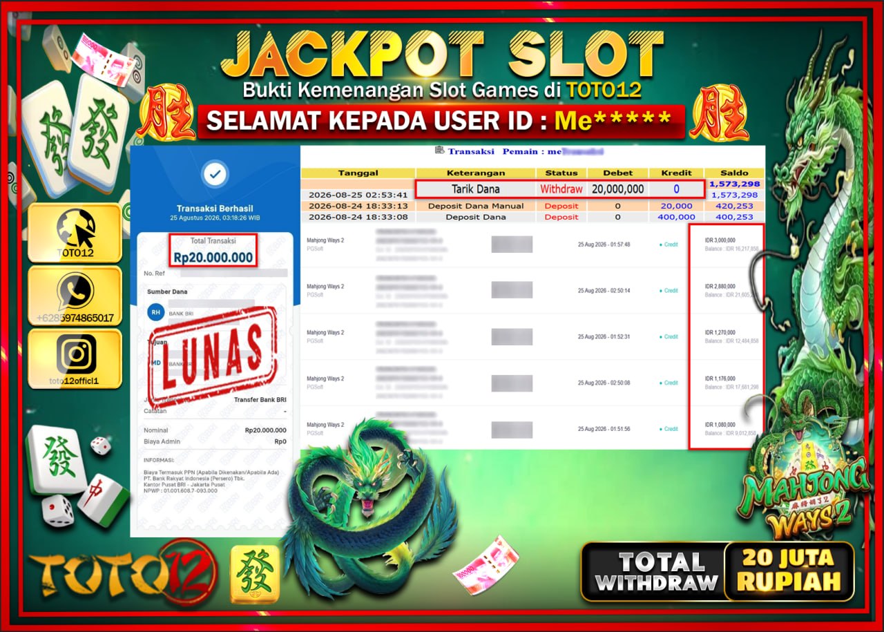HANYA DI TOTO12 JP PASTI DI BAYAR LUNAS DAN CEPAT!!!!!! JACKPOT SLOT GAME (MAHJONG WAYS 2) Rp20.000.000!!!!