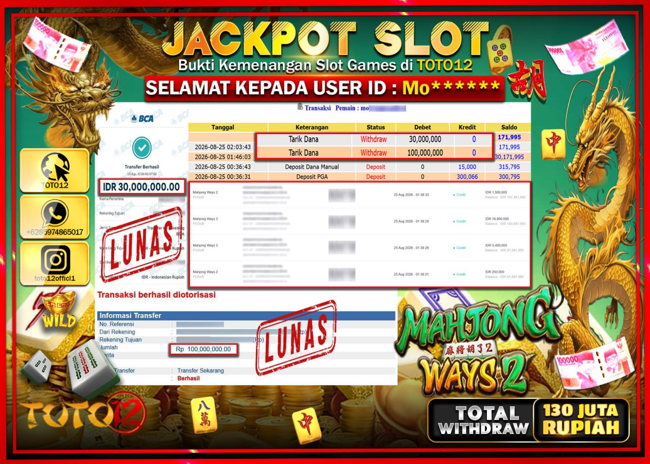 HANYA DI TOTO12 JP PASTI DI BAYAR LUNAS DAN CEPAT!!!!!! JACKPOT SLOT GAME (MAHJONG WAYS 2) Rp130.000.000!!!!