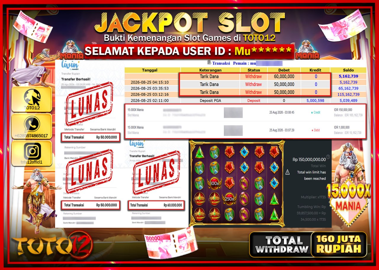HANYA DI TOTO12 JP PASTI DI BAYAR LUNAS DAN CEPAT!!!!!! JACKPOT SLOT GAME (15.000 X MANIA) Rp160.000.000!!!!