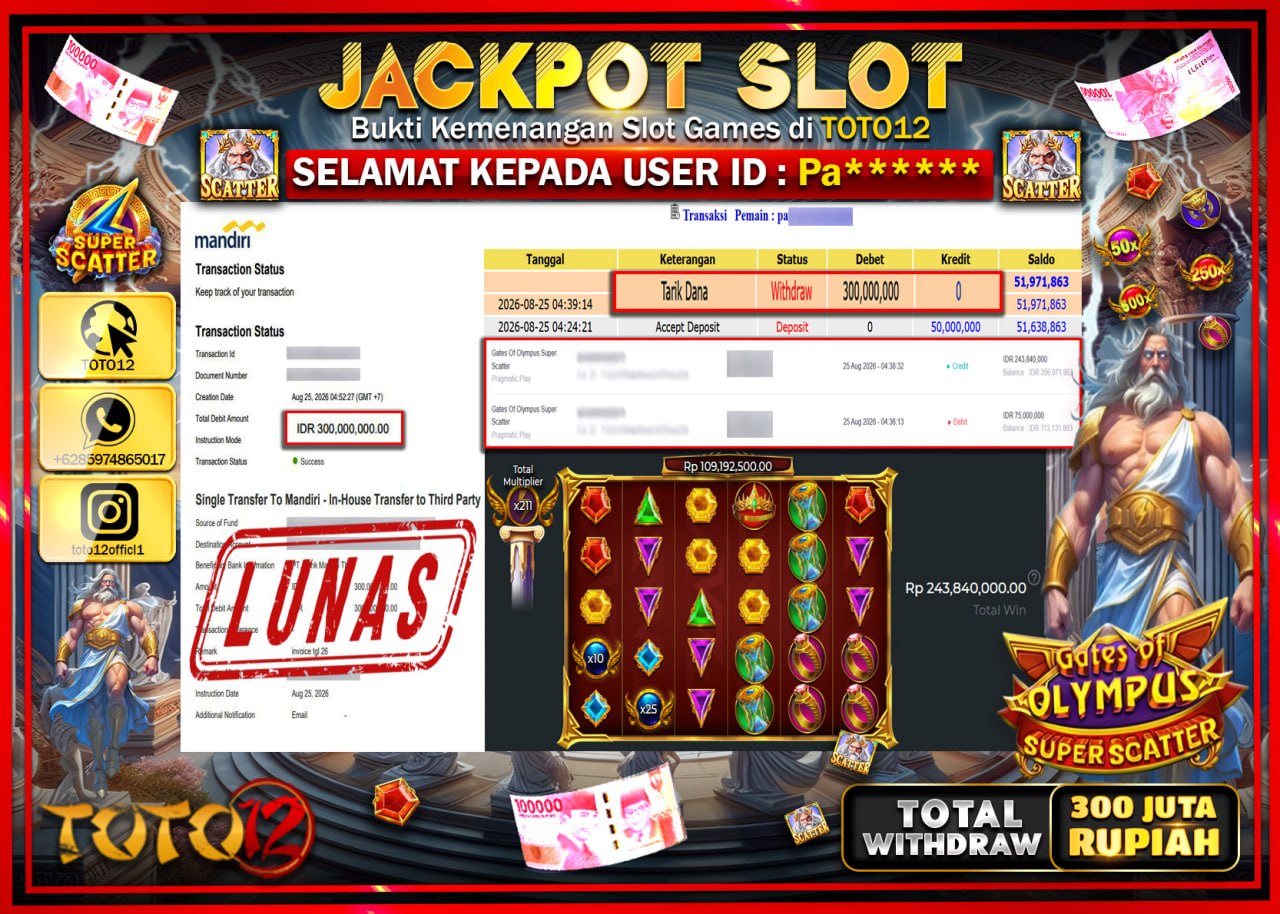 HANYA DI TOTO12 JP PASTI DI BAYAR LUNAS DAN CEPAT!!!!!! JACKPOT SLOT GAME (GATES OF OLYMPUS SUPER SCATTER) Rp300.000.000!!!!