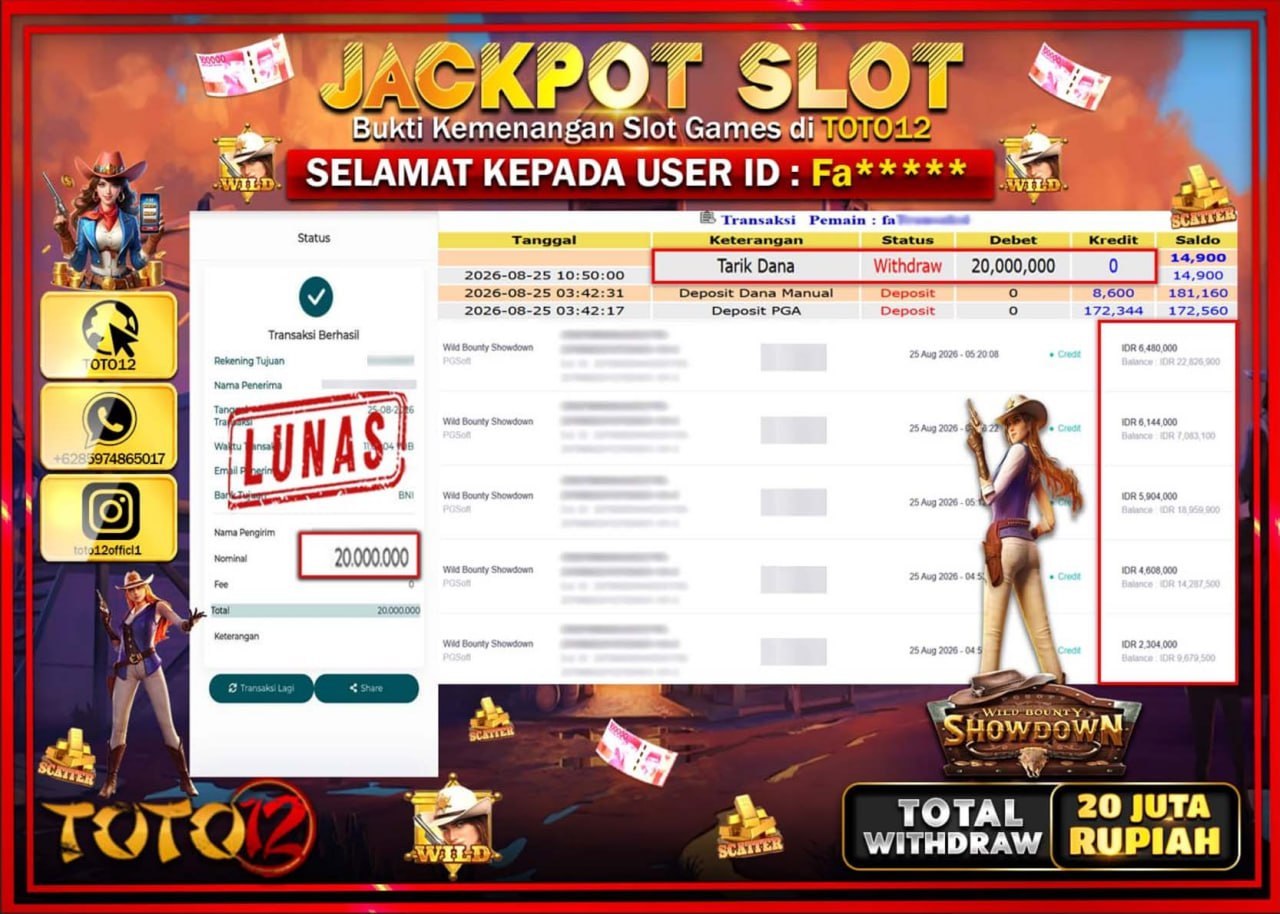 HANYA DI TOTO12 JP PASTI DI BAYAR LUNAS DAN CEPAT!!!!!! JACKPOT SLOT GAME (WILD BOUNTY SHOWDOWN) Rp20.000.000!!!!