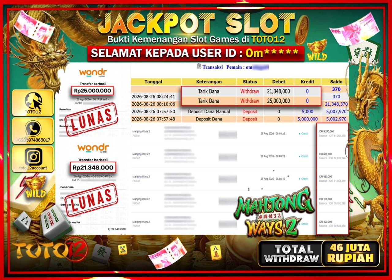 HANYA DI TOTO12 JP PASTI DI BAYAR LUNAS DAN CEPAT!!!!!! JACKPOT SLOT GAME (MAHJONG WAYS 2) Rp46.348.000!!!!