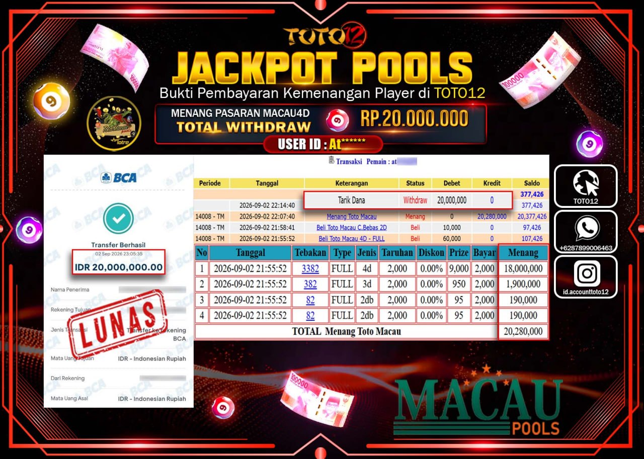 HANYA DI TOTO12 JP PASTI DI BAYAR LUNAS DAN CEPAT!!!!!! JACKPOT POOLS PASARAN (MACAU 4D) Rp20.000.000!!!!
