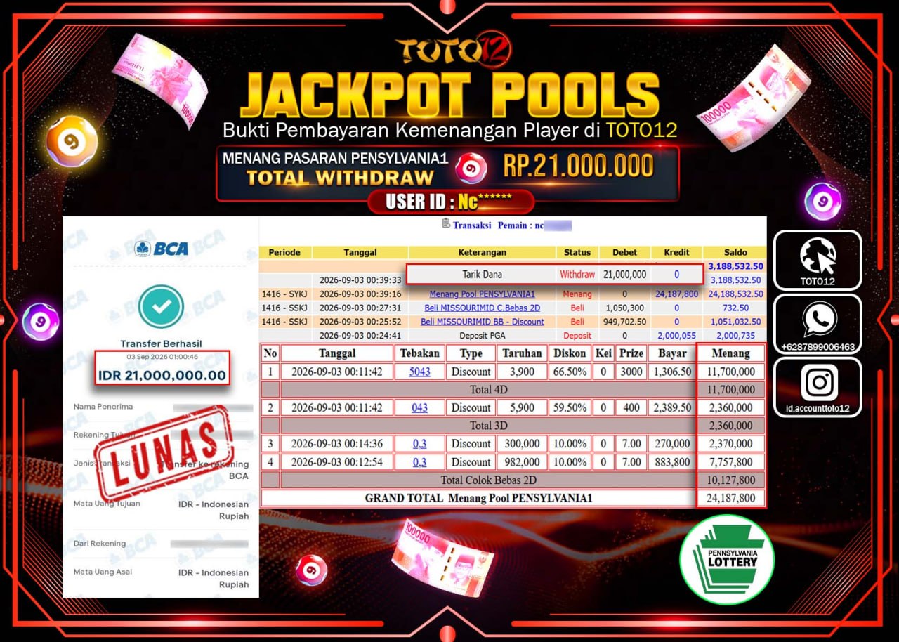 HANYA DI TOTO12 JP PASTI DI BAYAR LUNAS DAN CEPAT!!!!!! JACKPOT POOLS PASARAN (PENSYLVANIA1) Rp21.000.000!!!!