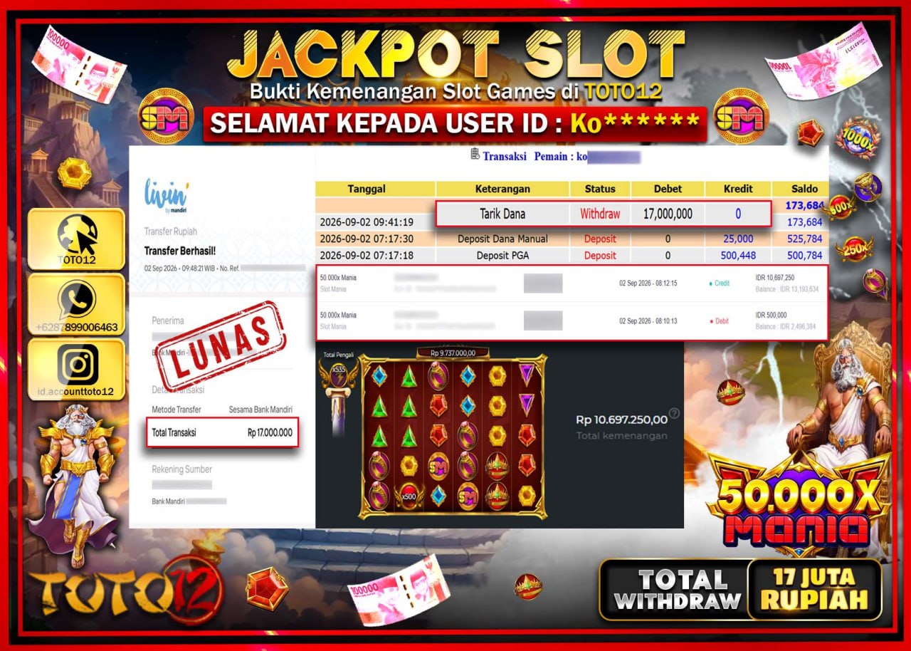 HANYA DI TOTO12 JP PASTI DI BAYAR LUNAS DAN CEPAT!!!!!! JACKPOT SLOT GAME (50.000 X MANIA) Rp17.000.000!!!!