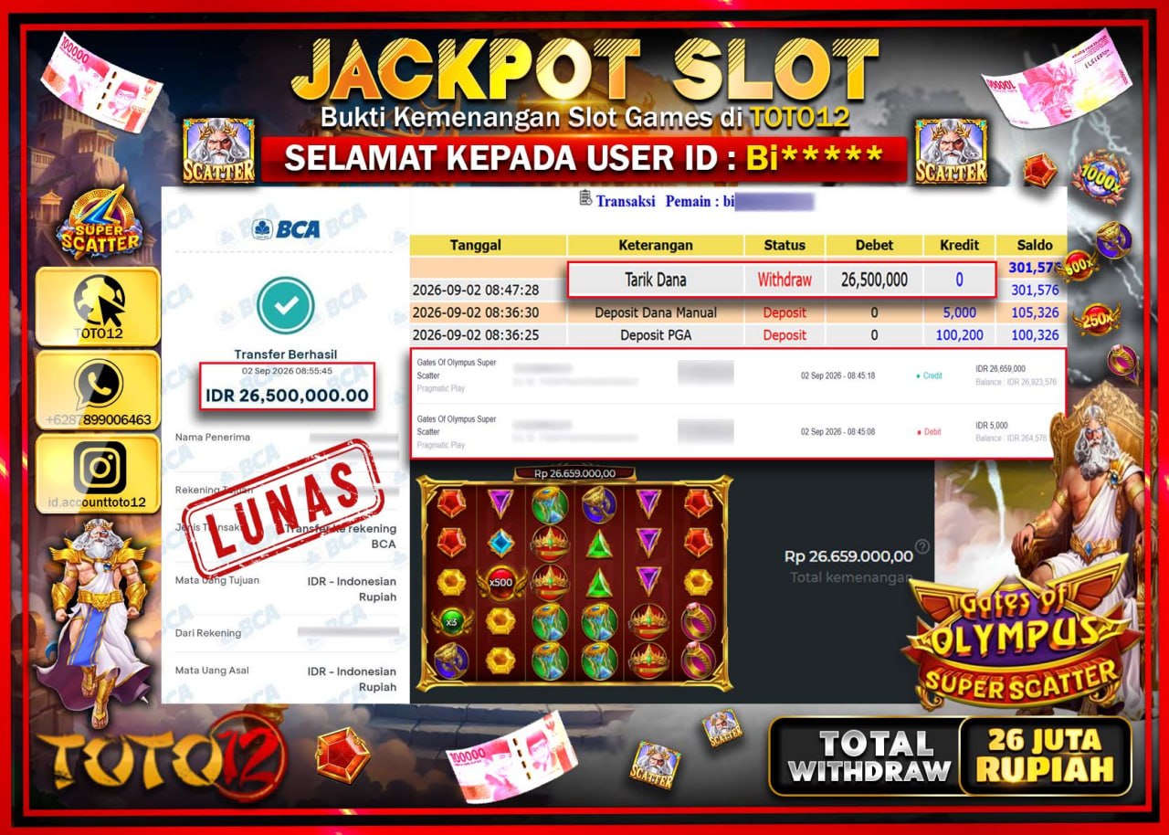 HANYA DI TOTO12 JP PASTI DI BAYAR LUNAS DAN CEPAT!!!!!! JACKPOT SLOT GAME (GATES OF OLYMPUS SUPER SCATTER) Rp26.500.000!!!!