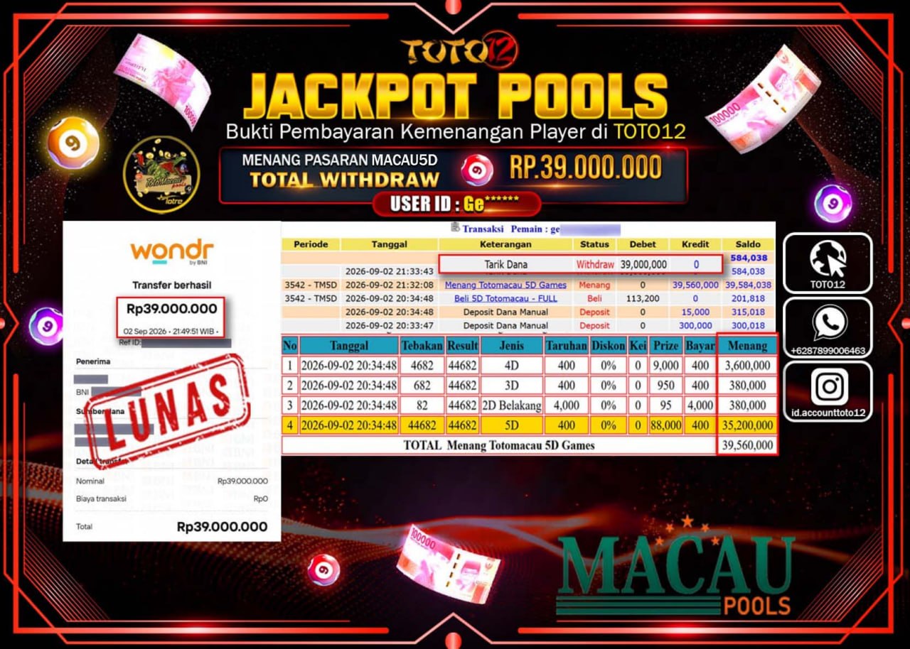 HANYA DI TOTO12 JP PASTI DI BAYAR LUNAS DAN CEPAT!!!!!! JACKPOT POOLS PASARAN (MACAU 5D) Rp39.000.000!!!!