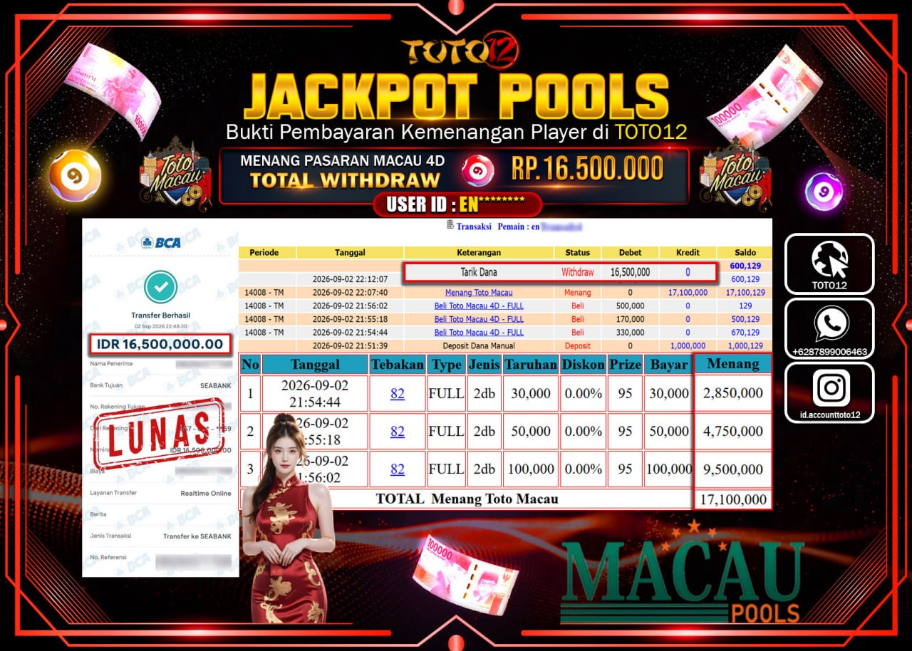 HANYA DI TOTO12 JP PASTI DI BAYAR LUNAS DAN CEPAT!!!!!! JACKPOT POOLS PASARAN (MACAU 4D) Rp16.500.000!!!!
